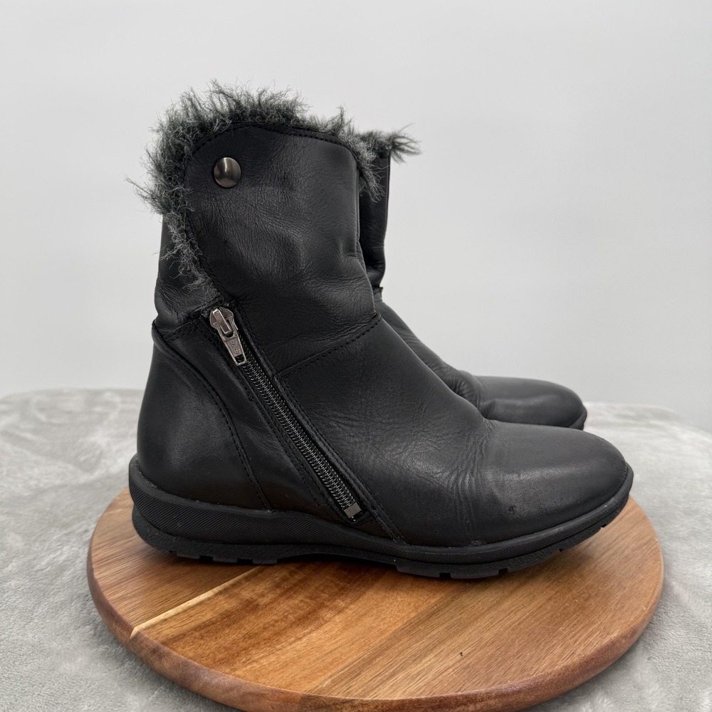 Made in Spain Black‎ Leather Boots Womens Size 6.5 Faux Fur Lined Ankle Zip